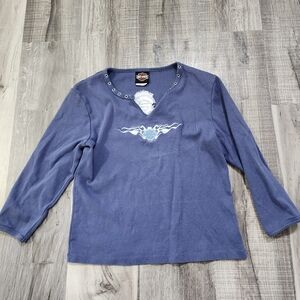 Harley-Davidson Womens  Long Sleeve Top with Light Blue Heart Flame